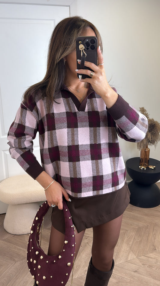 MIA pink and burgundy check jumper