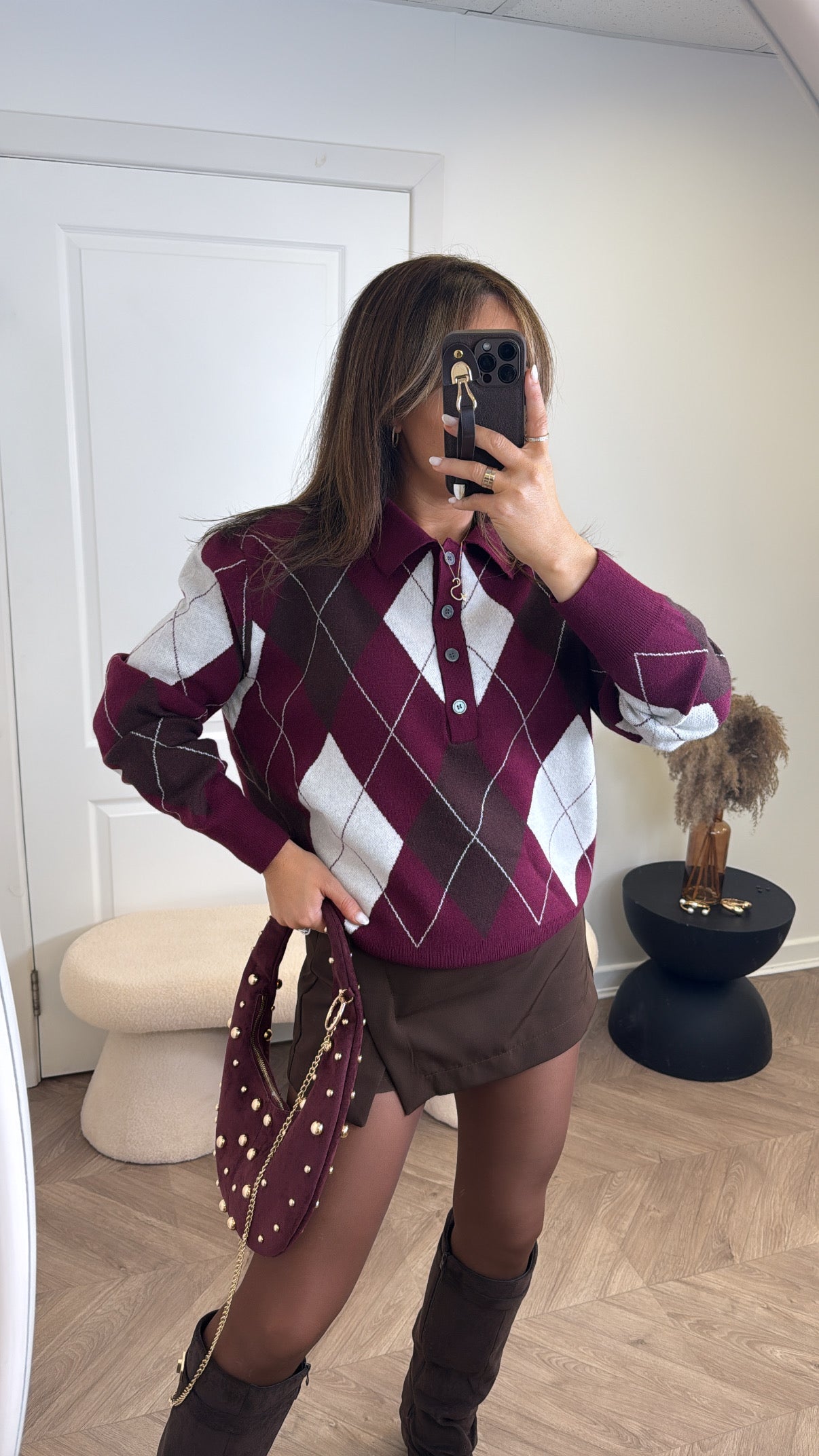 RHEA burgundy argyle polo neck jumper