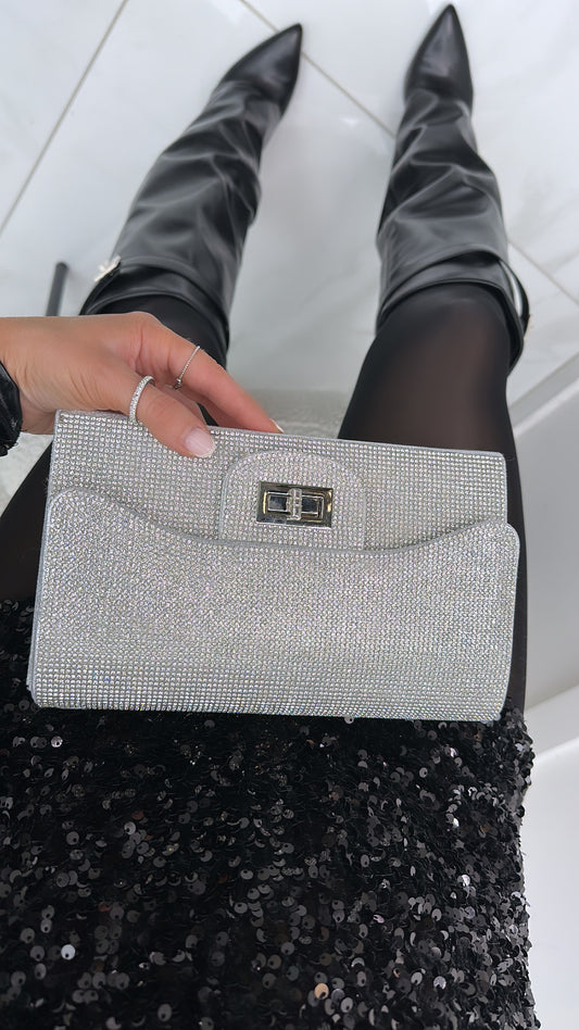 MILLY silver diamante clutch with long strap