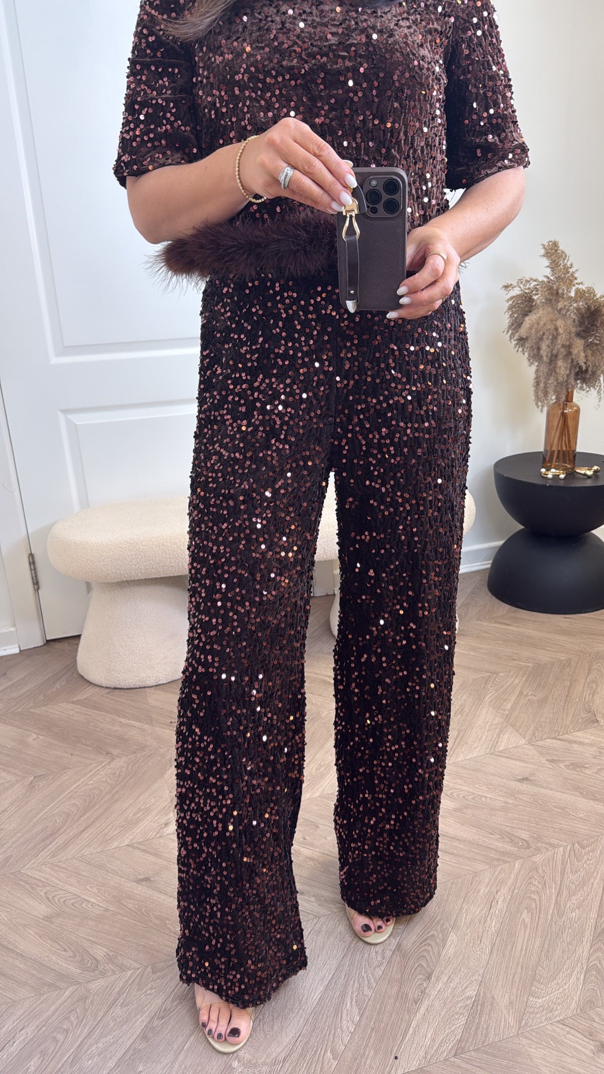 SKYLAR brown sequin wide leg trousers