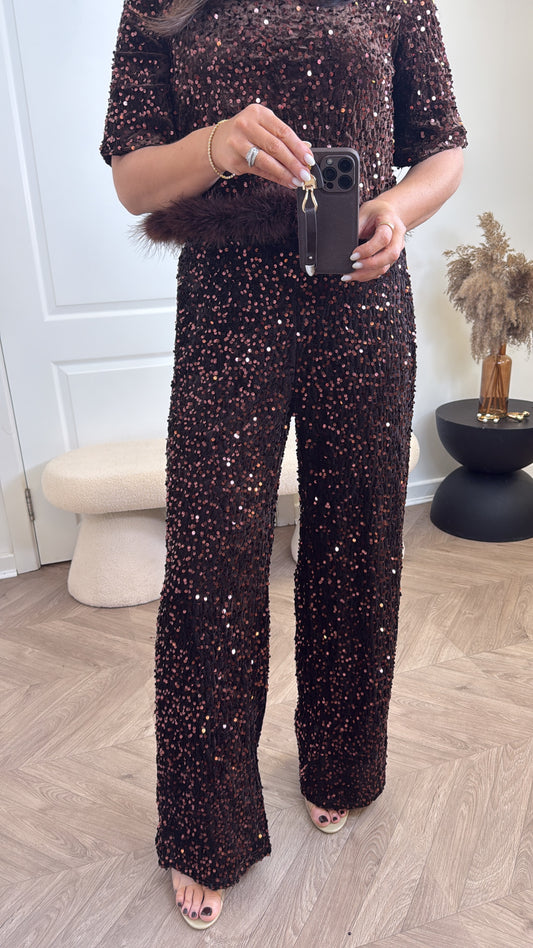 SKYLAR brown sequin wide leg trousers