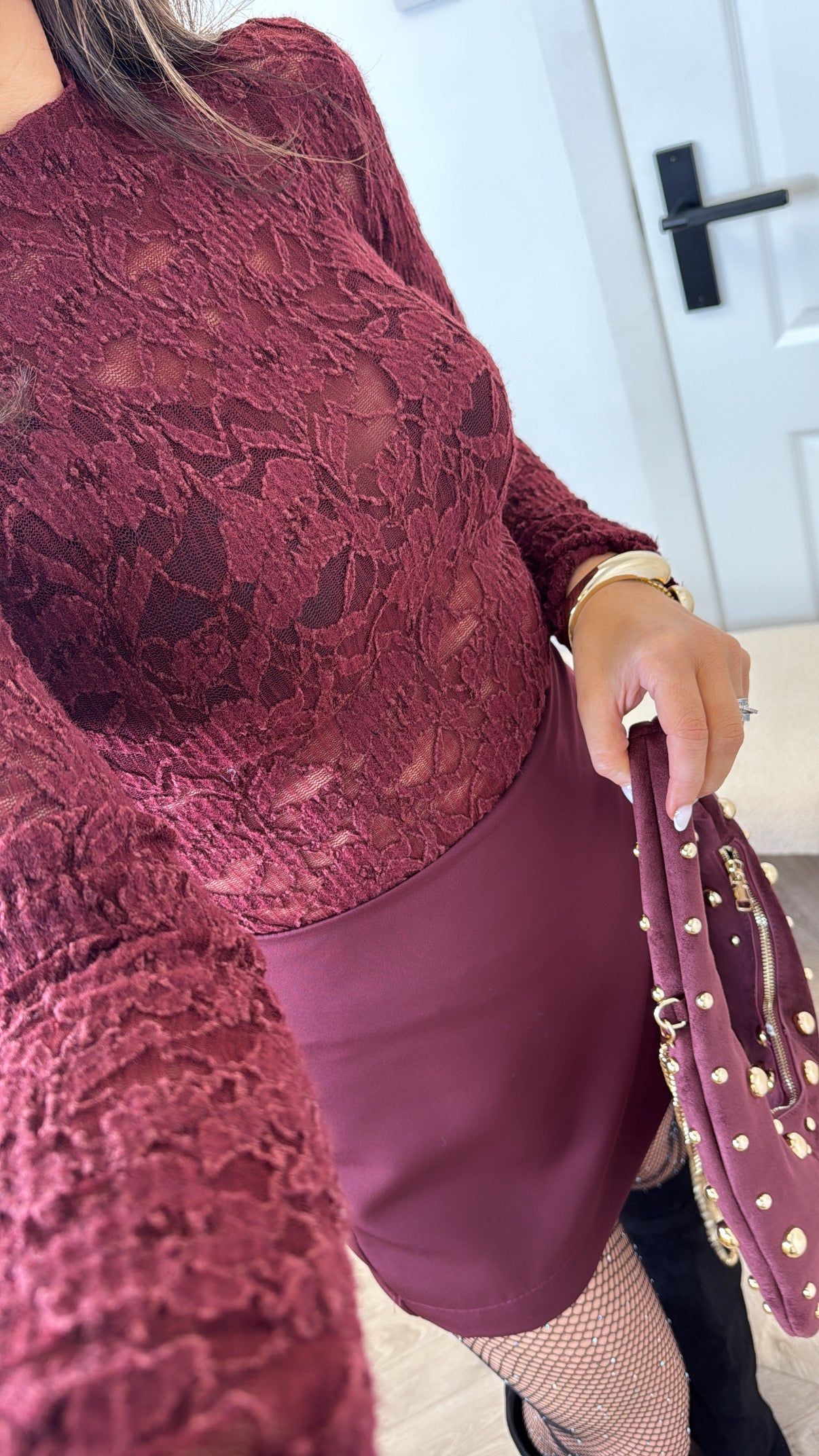 QUINN burgundy lace long sleeve top