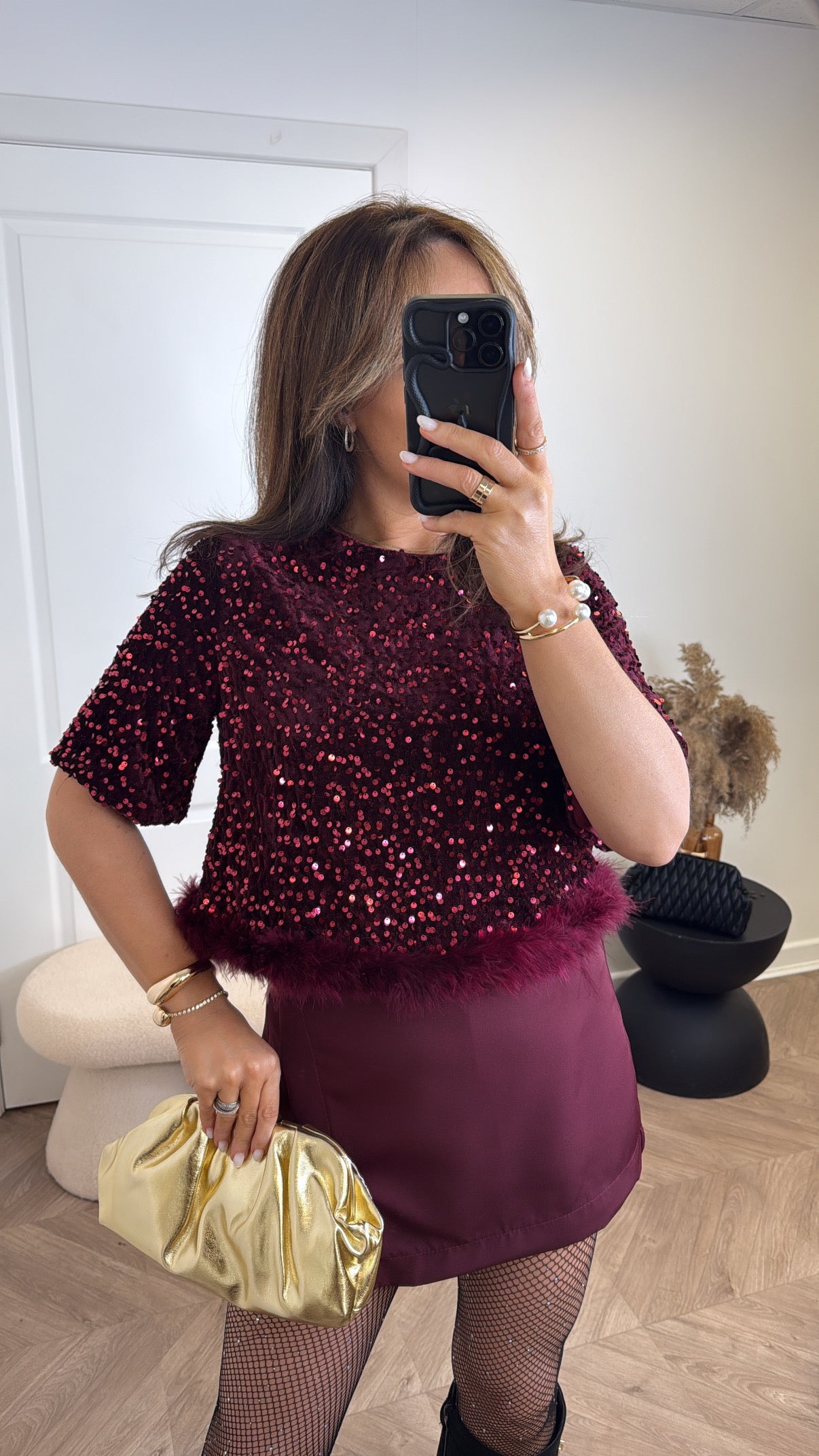 CHRISSY burgundy sequin top with fluffy hem