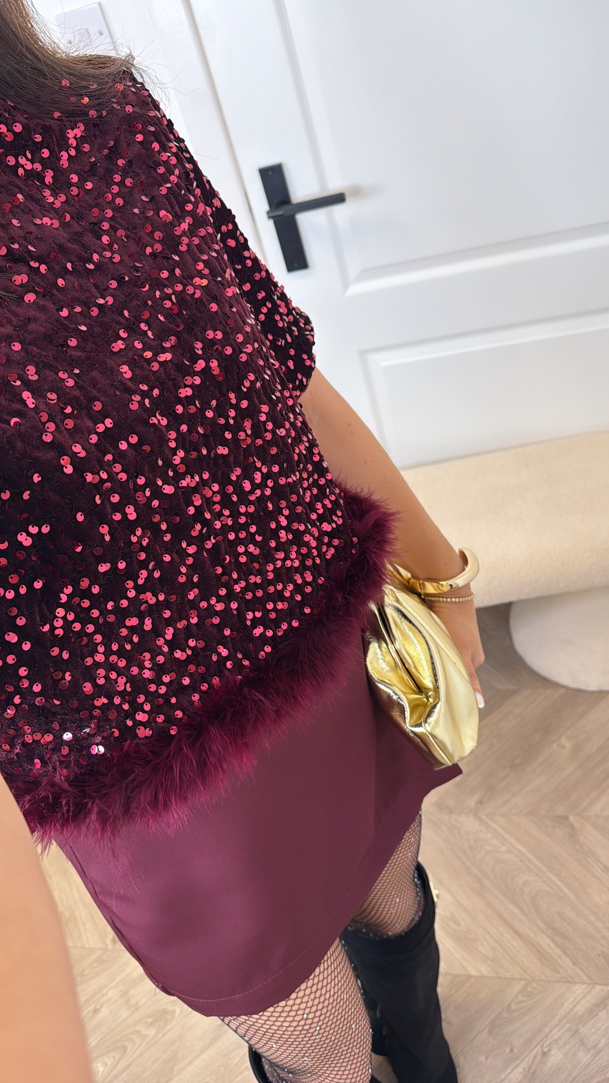 CHRISSY burgundy sequin top with fluffy hem