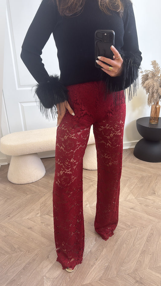 CARMEL burgundy lace flare trousers