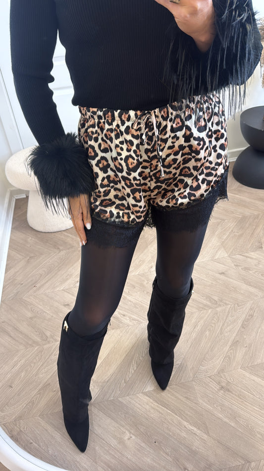 JENNA leopard print satin lace trim shorts