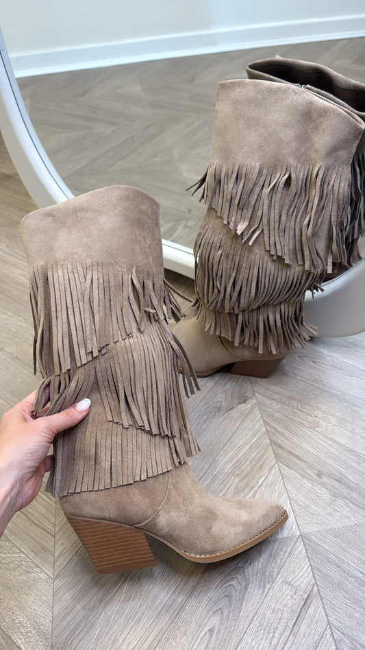 CODY beige mid calf tassel boots