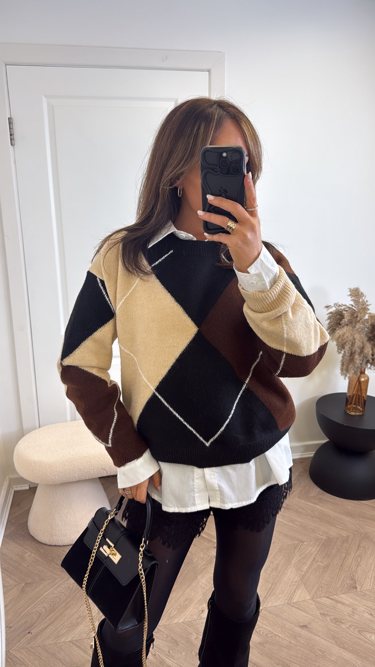 POPPY black and brown argyle jumper