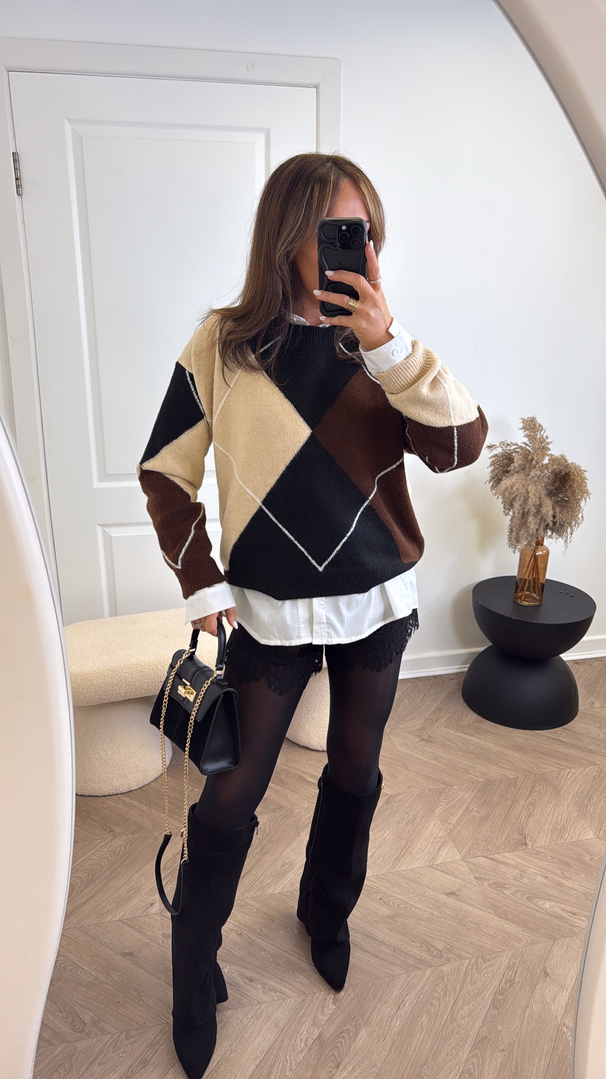 POPPY black and brown argyle jumper