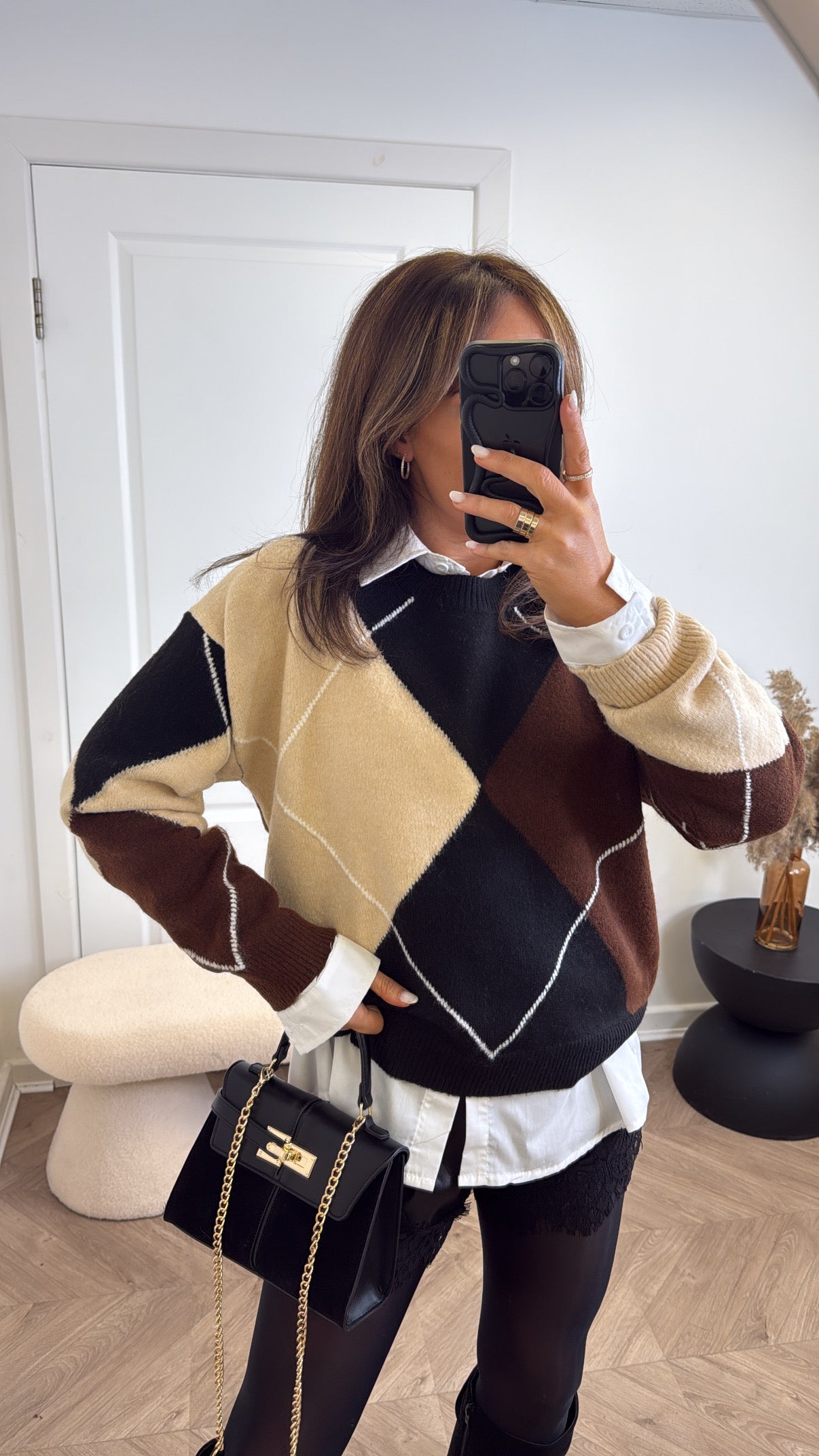 POPPY black and brown argyle jumper