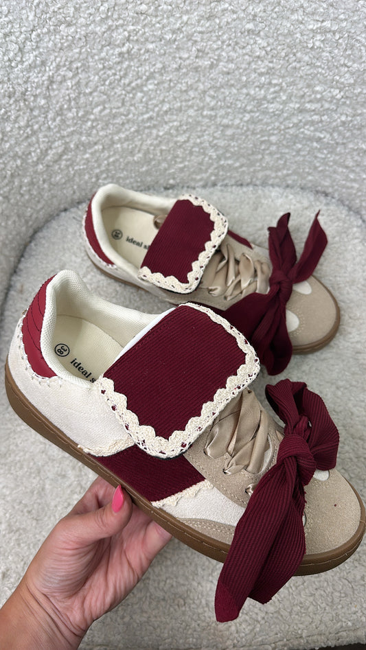 PHOENIX burgundy and cream bow detail trainers