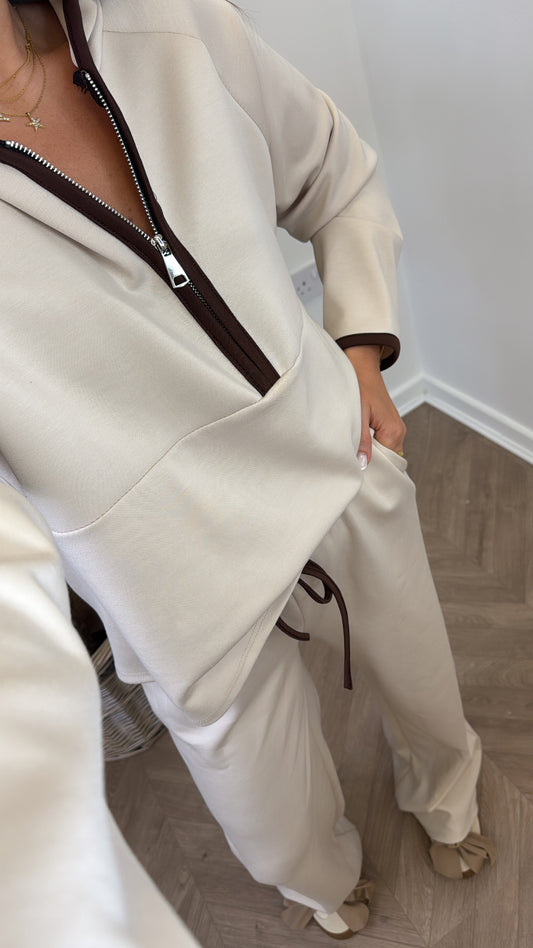 LIBERTY beige half zip hoody and trousers lounge set