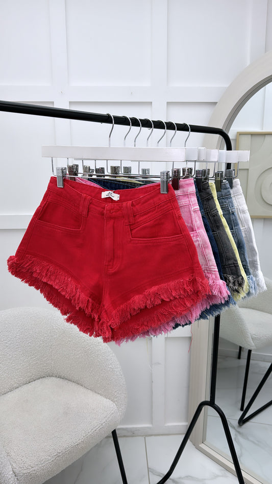 LUCIE red distressed denim shorts