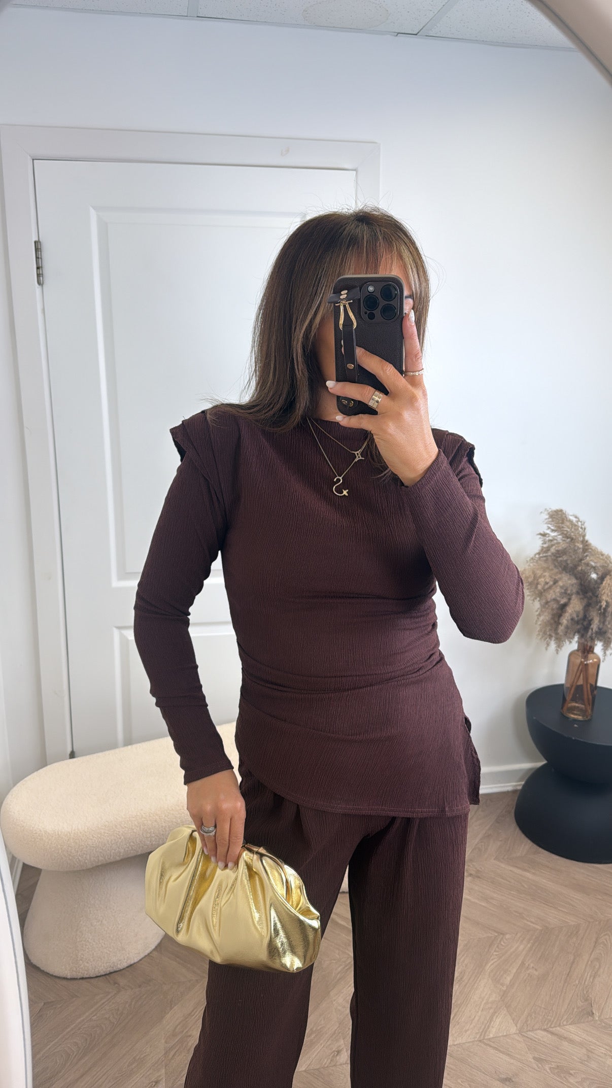 NADIA brown crepe co-ord with shoulder pads