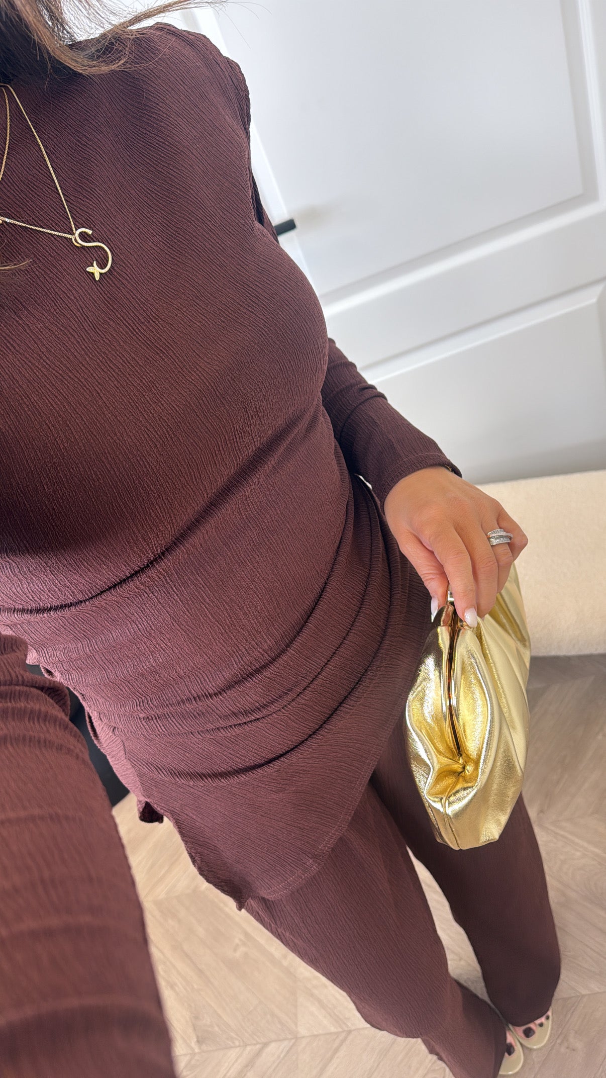 NADIA brown crepe co-ord with shoulder pads