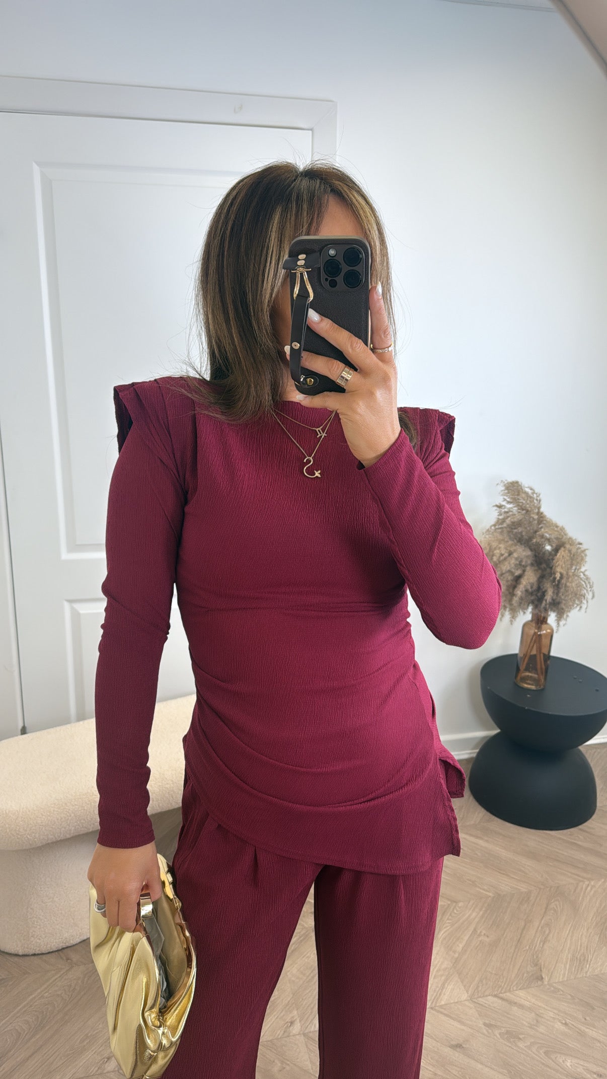 NADIA burgundy crepe co-ord with shoulder pads