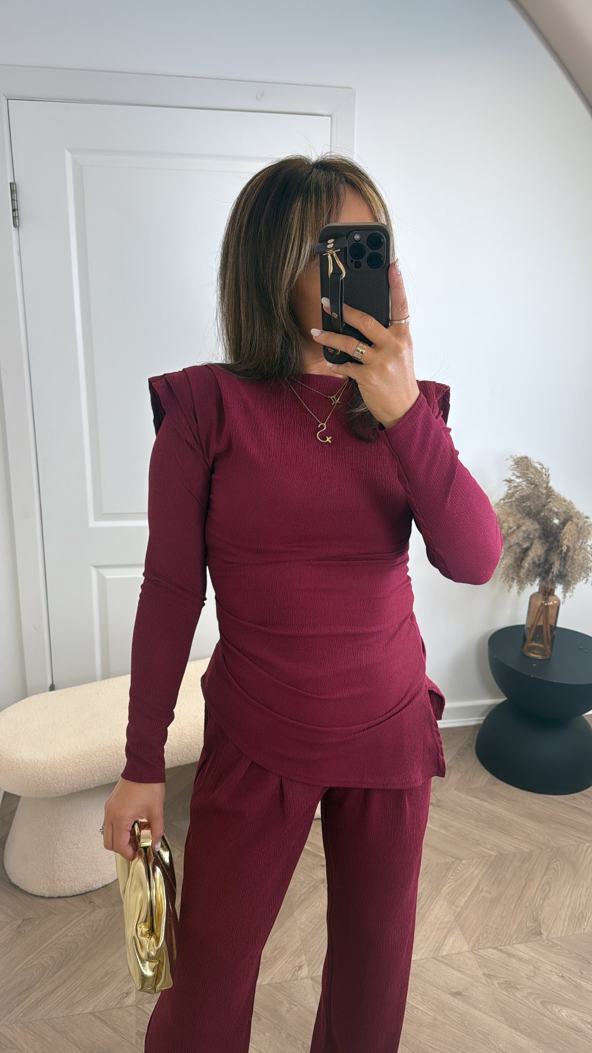 NADIA burgundy crepe co-ord with shoulder pads