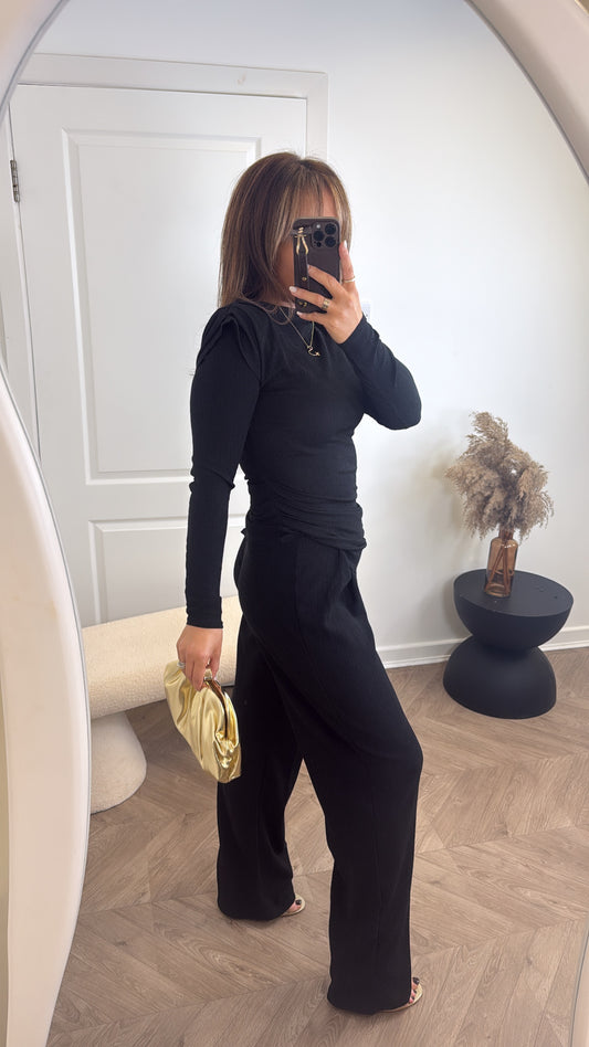 NADIA black crepe co-ord with shoulder pads