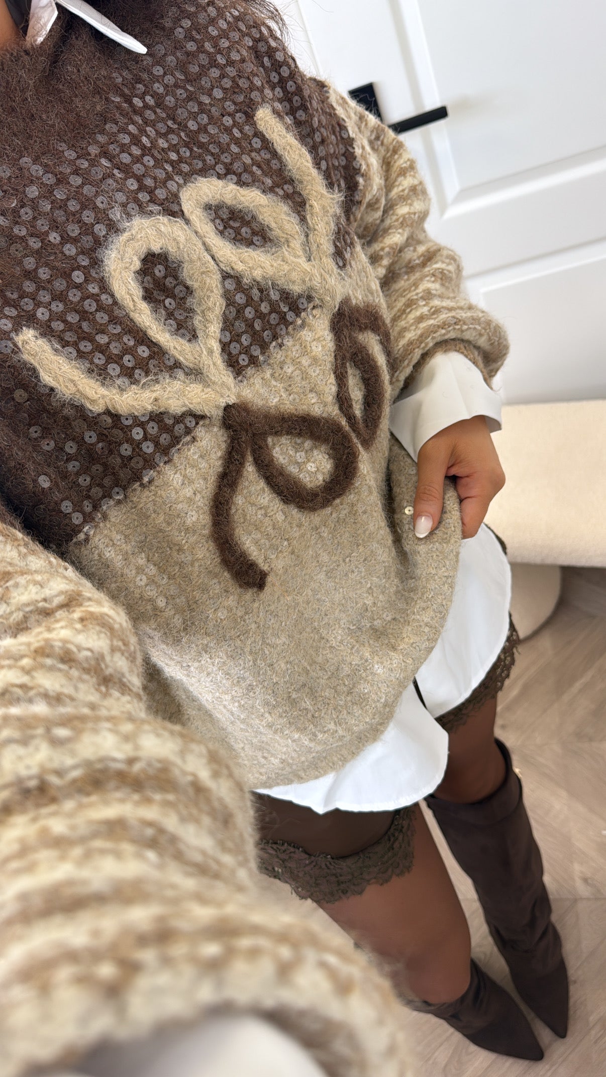 AMAYA  brown sequin and logo chunky knit