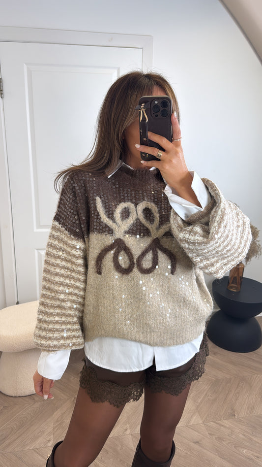 AMAYA  brown sequin and logo chunky knit