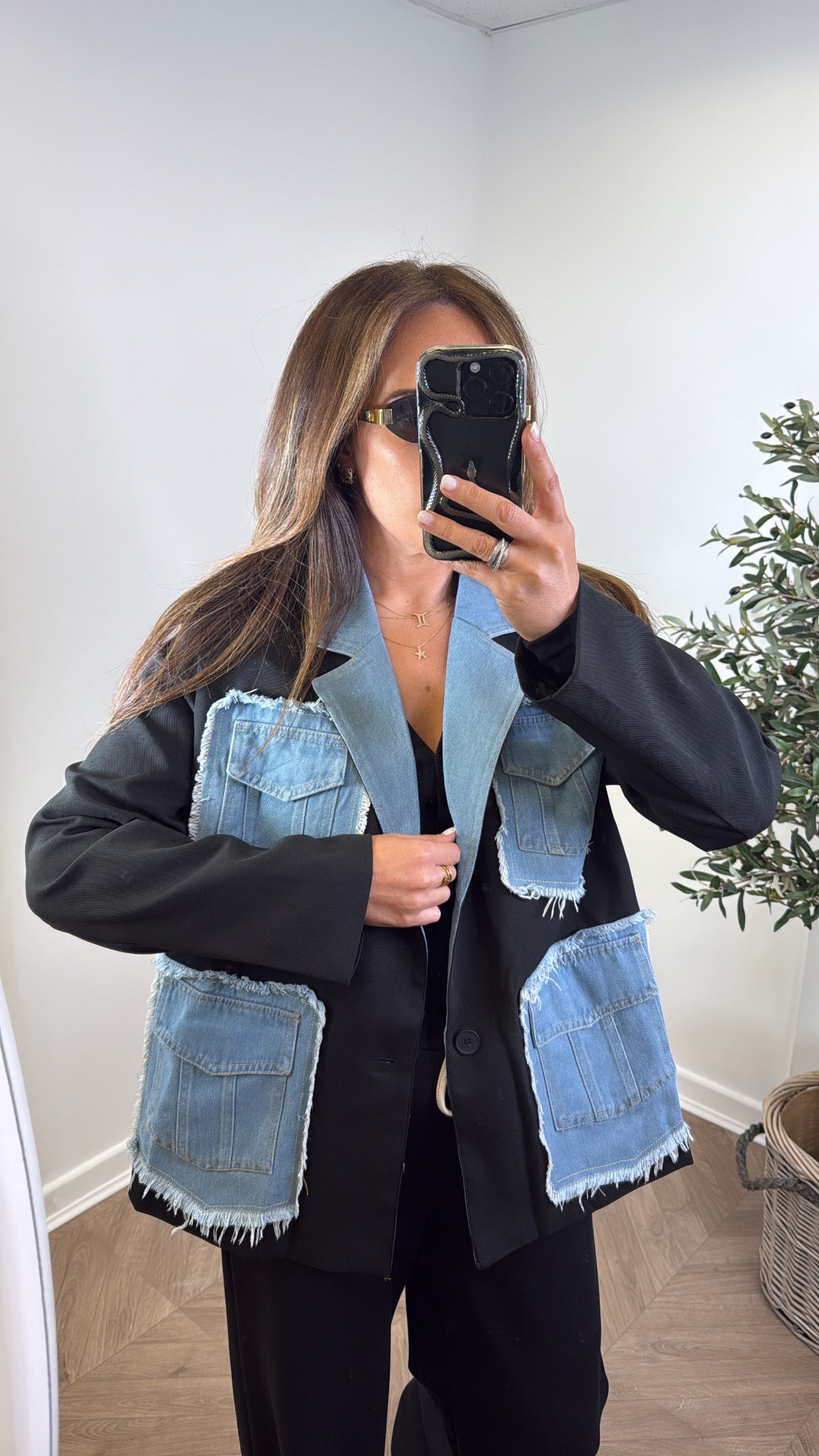 VANESSA black oversize blazer with contrast denim detail