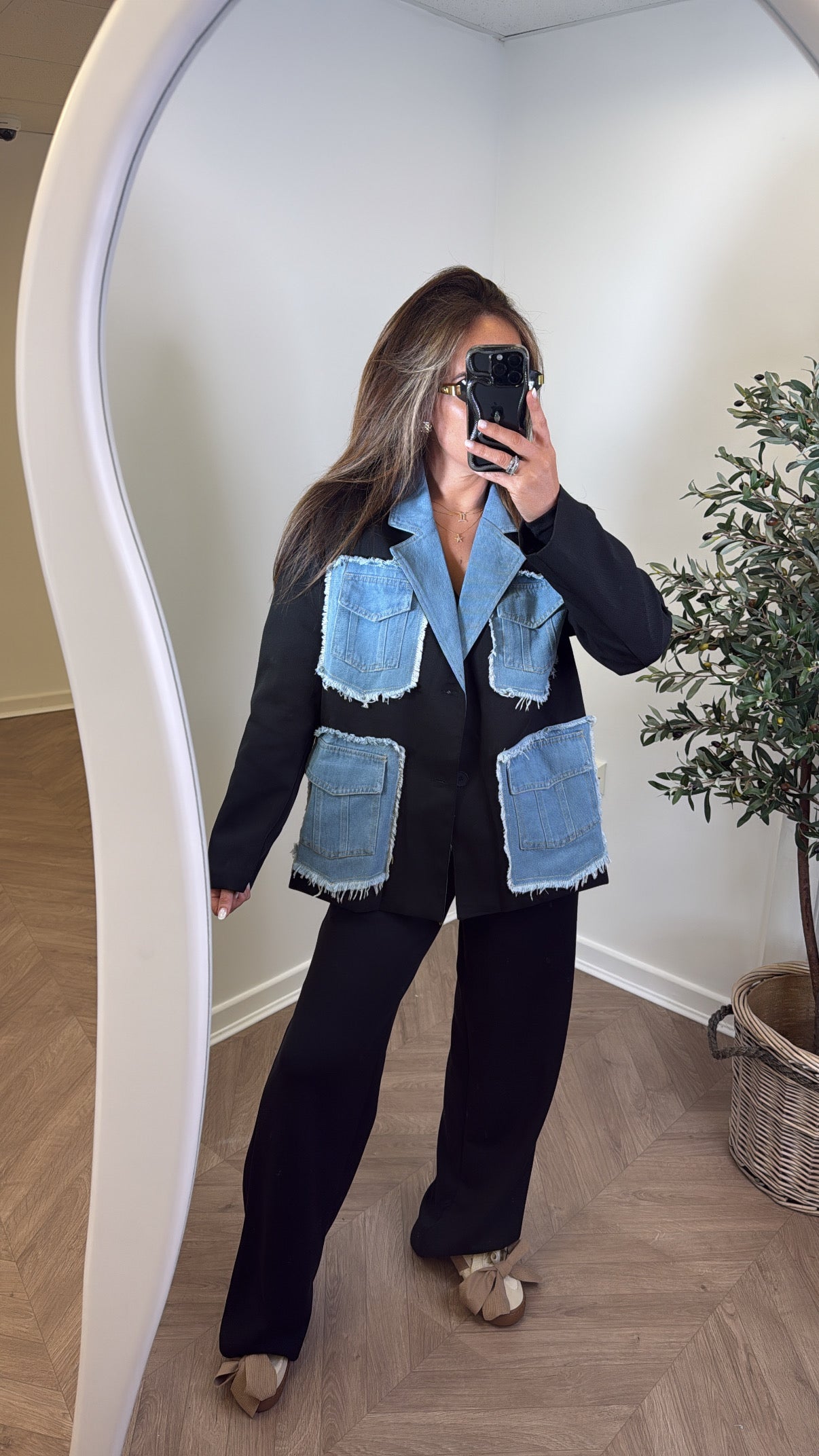 VANESSA black oversize blazer with contrast denim detail