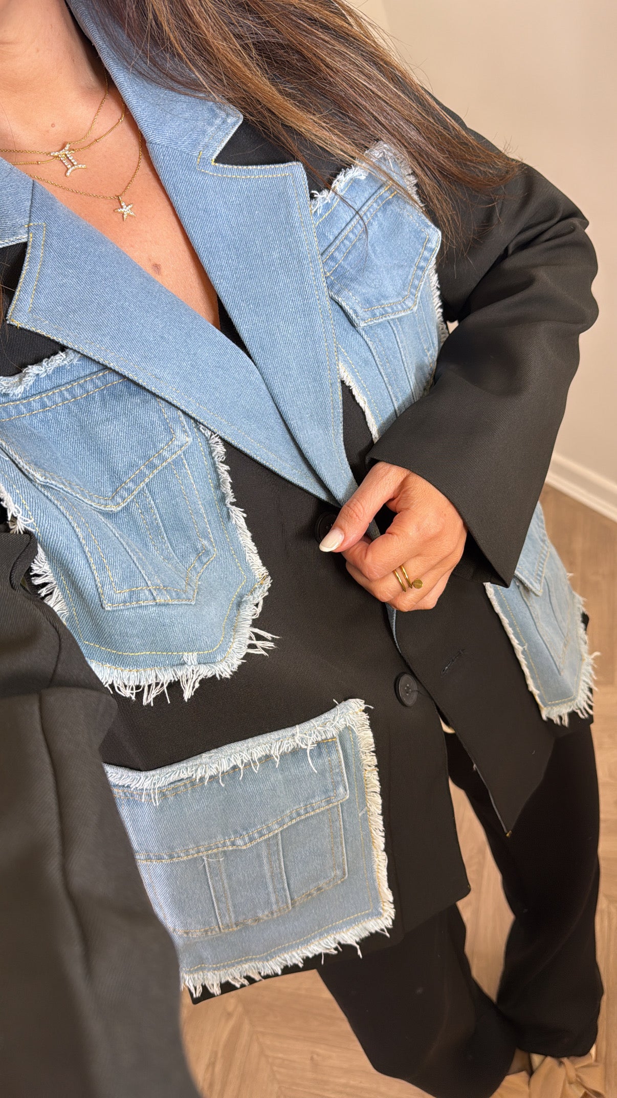 VANESSA black oversize blazer with contrast denim detail