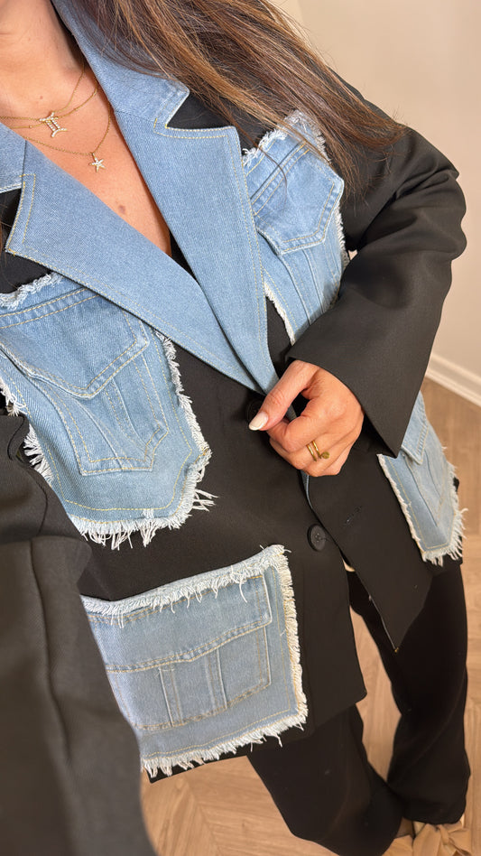 VANESSA black oversize blazer with contrast denim detail