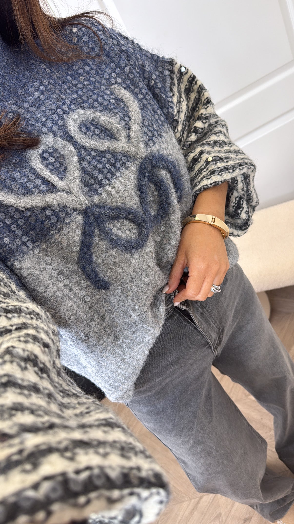 AMAYA blue sequin and logo chunky knit