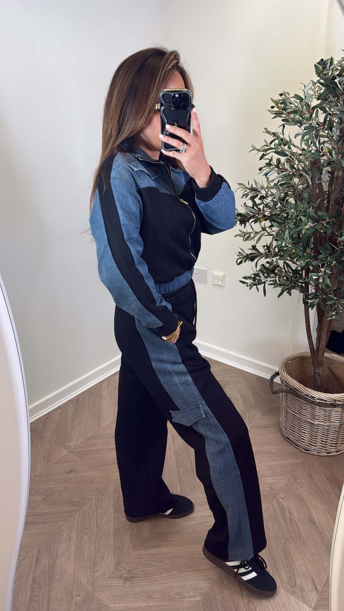 PERRIE black and denim contrast jacket and trousers co -ord