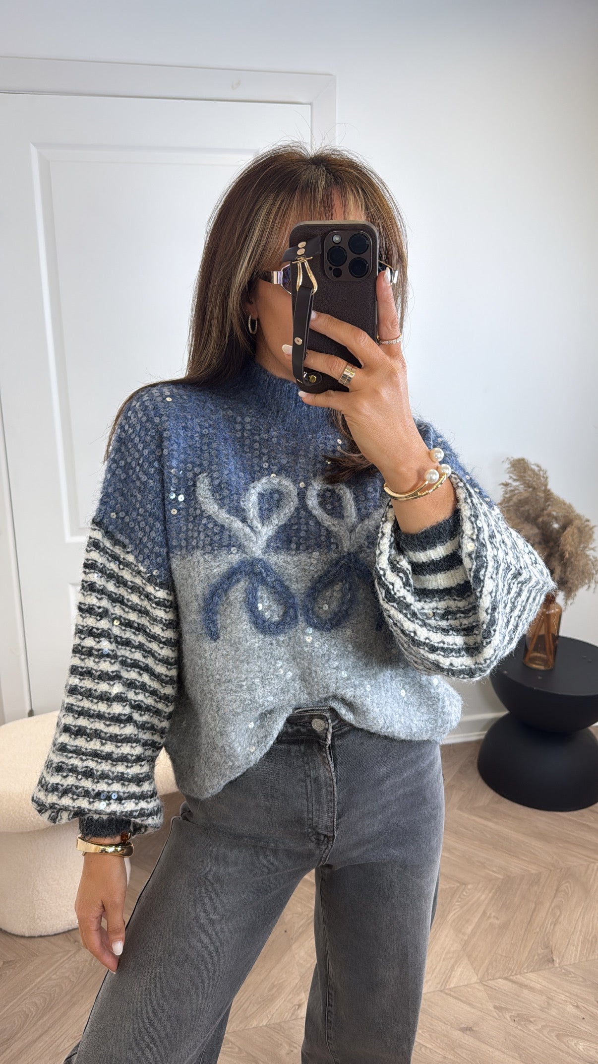 AMAYA blue sequin and logo chunky knit