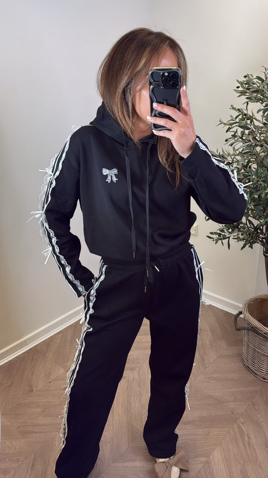 HALLIE black with white lace contrast tracksuit