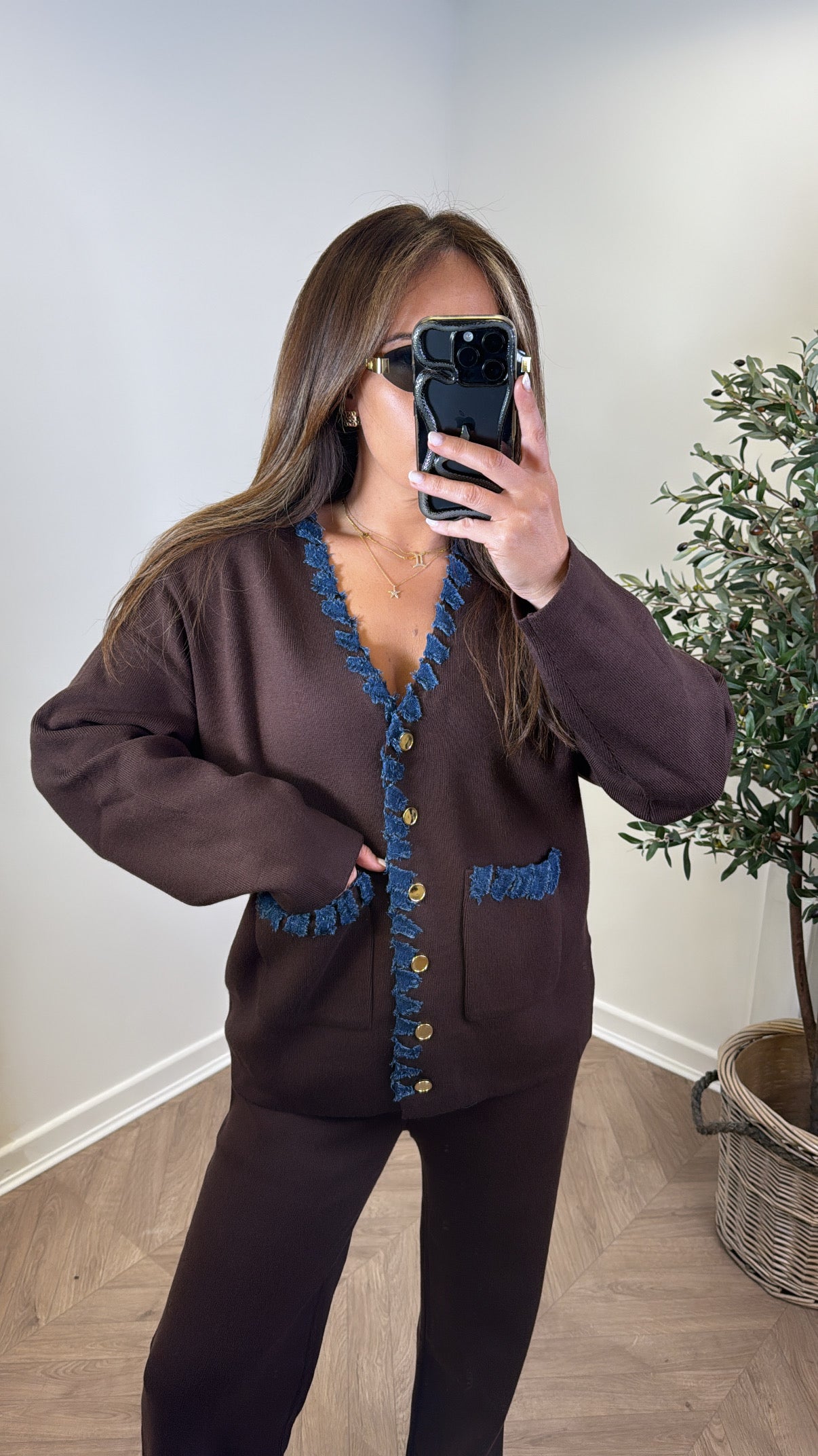 ALYSIA brown knitted contrast cardigan and trousers co-ord