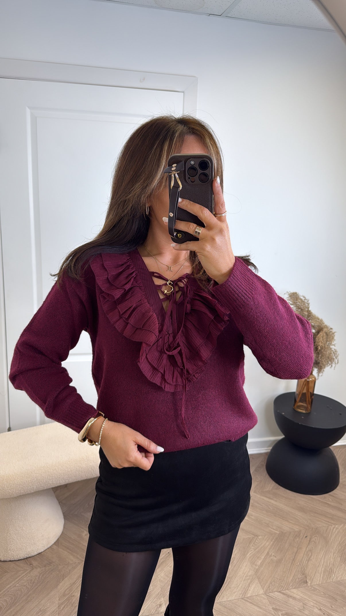 MOLLIE burgundy frill neck jumper