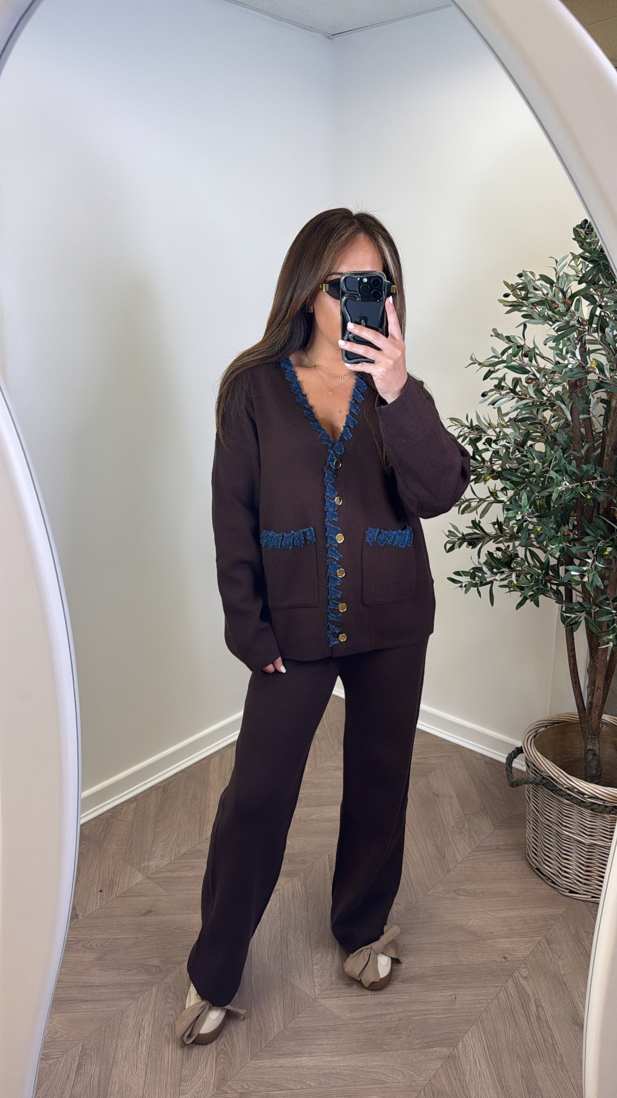 ALYSIA brown knitted contrast cardigan and trousers co-ord