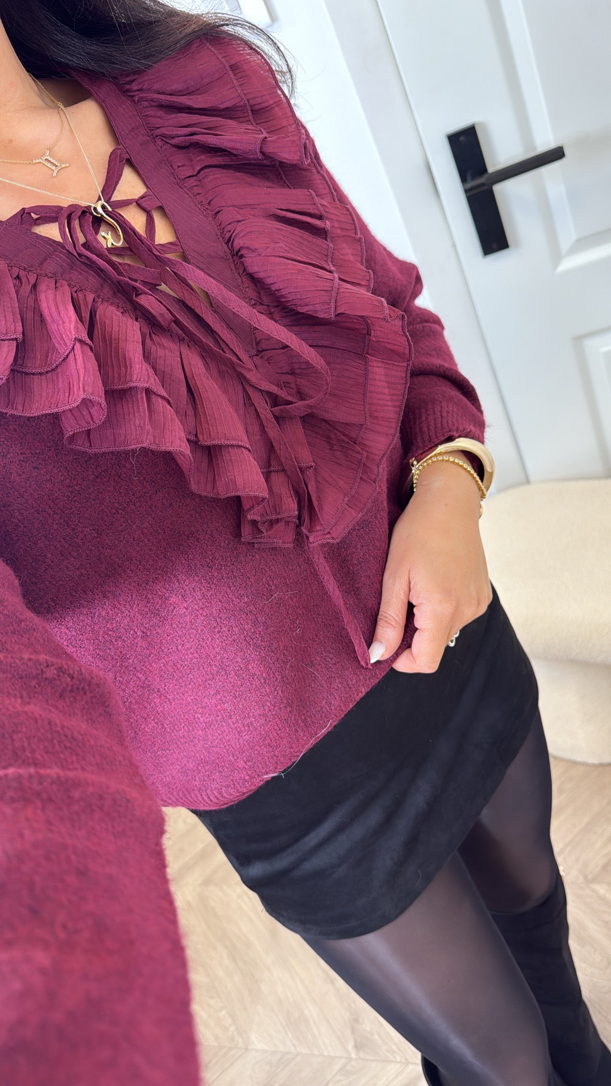 MOLLIE burgundy frill neck jumper
