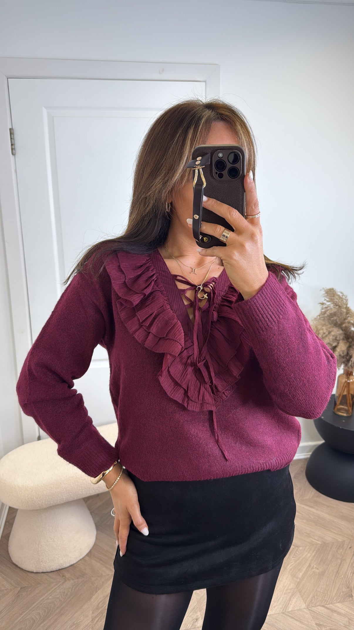MOLLIE burgundy frill neck jumper