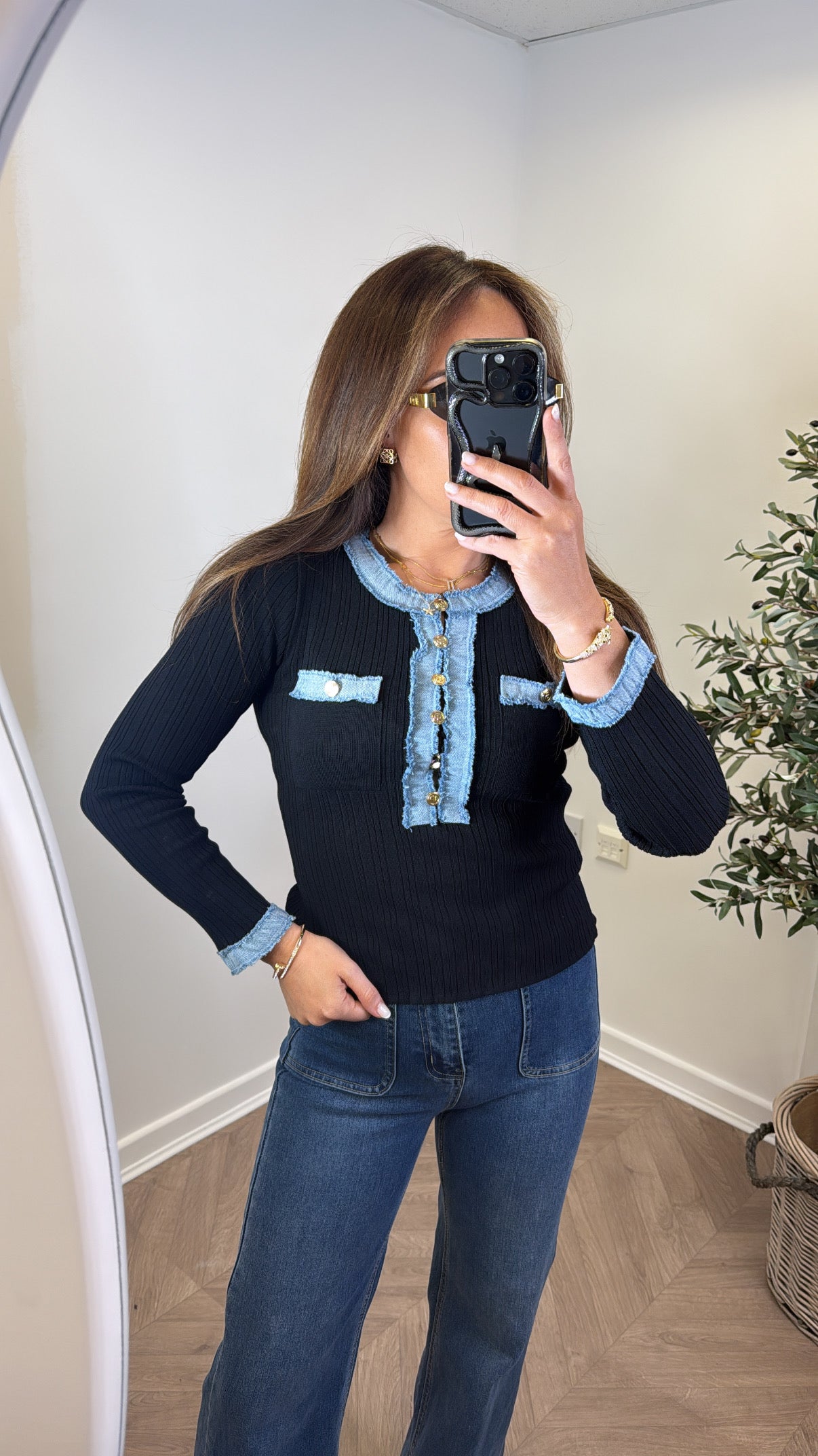SONIA black ribbed top with denim contrast detail