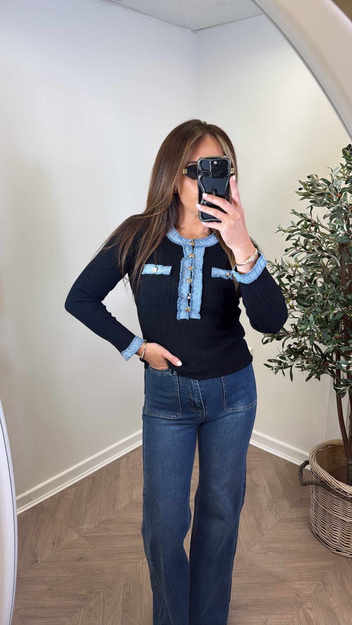 SONIA black ribbed top with denim contrast detail