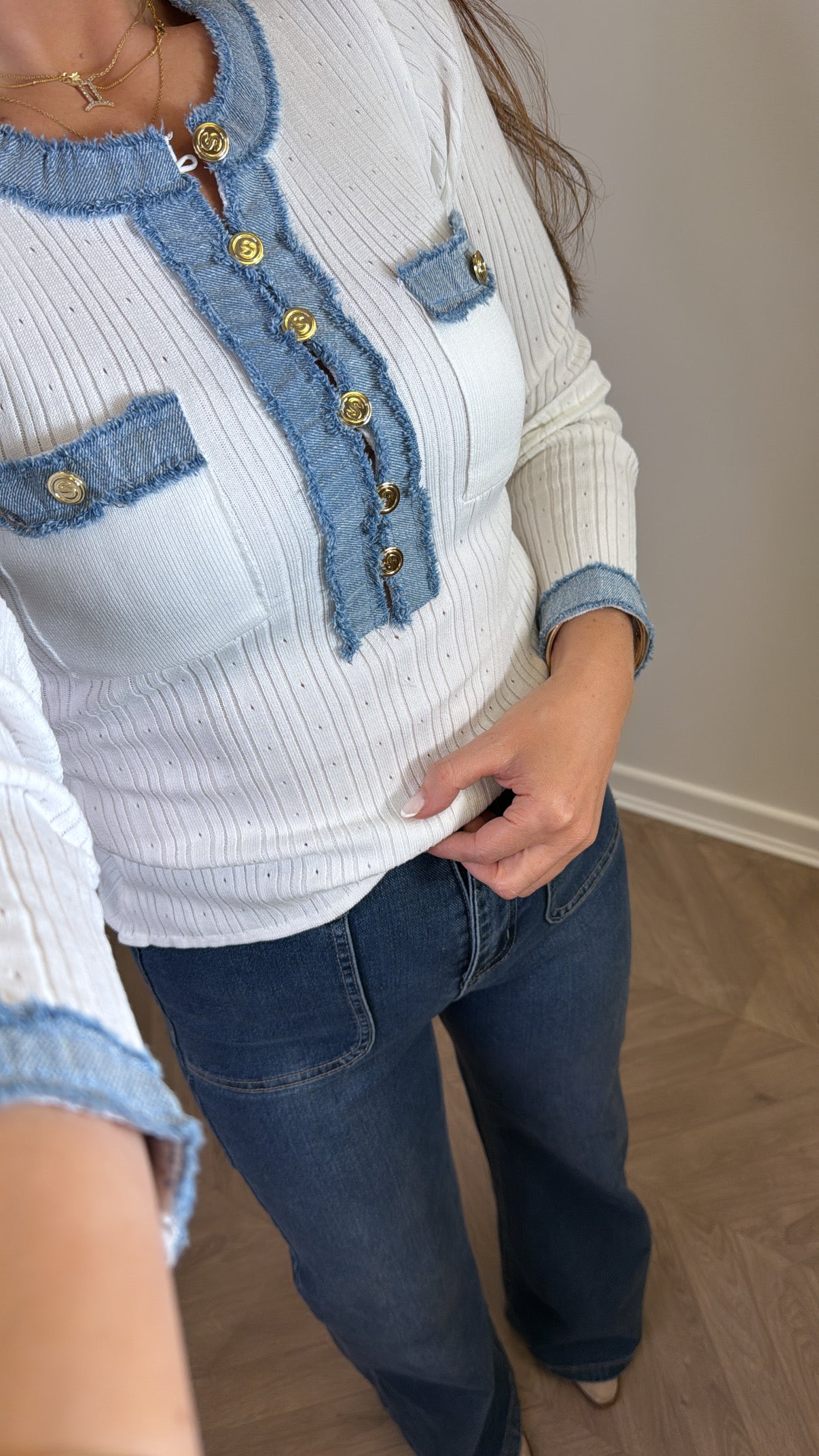 SONIA white ribbed top with denim contrast detail