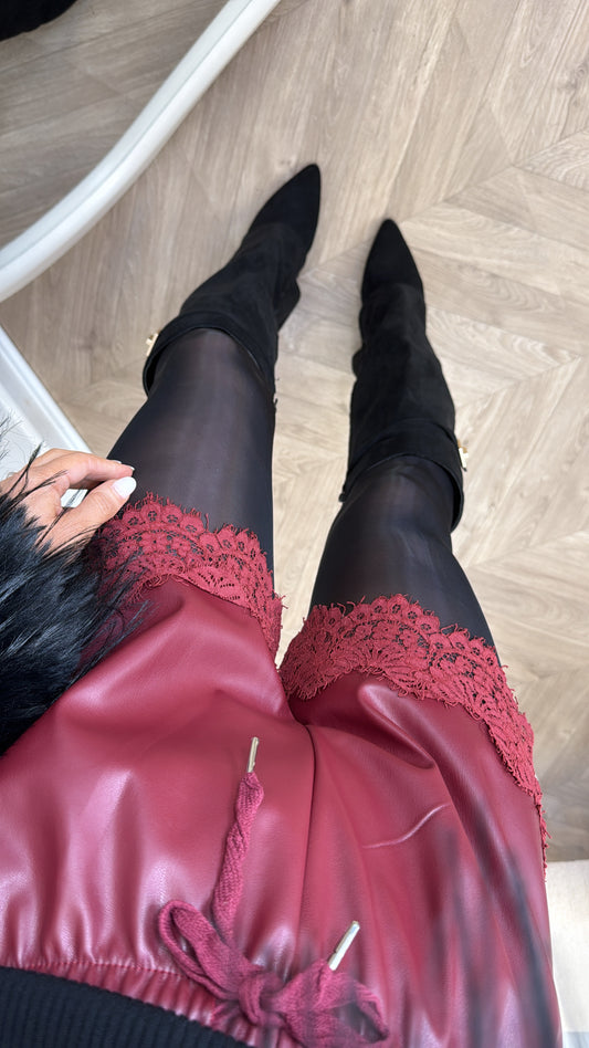 KIMMY burgundy pu lace trim shorts