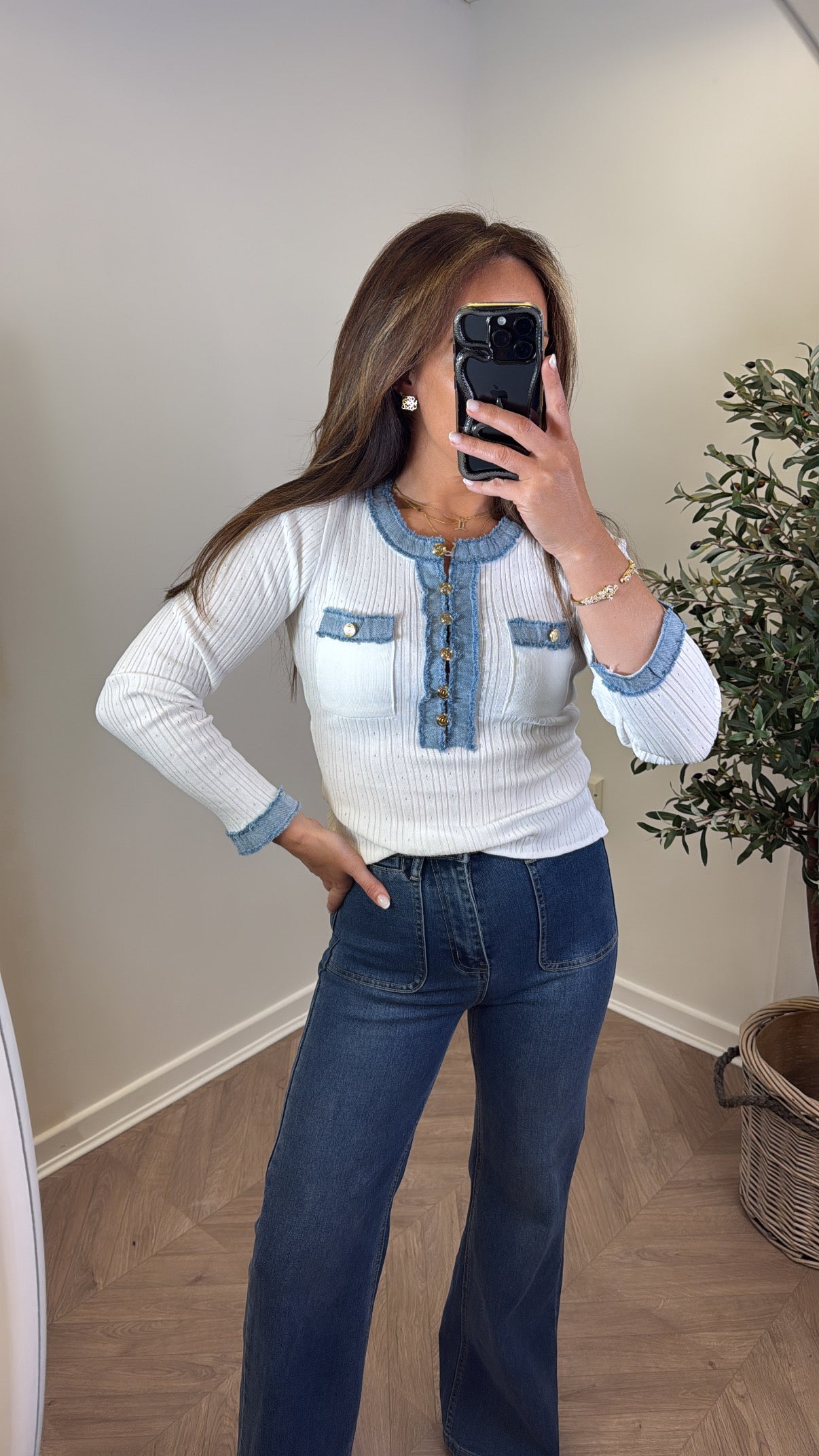 SONIA white ribbed top with denim contrast detail