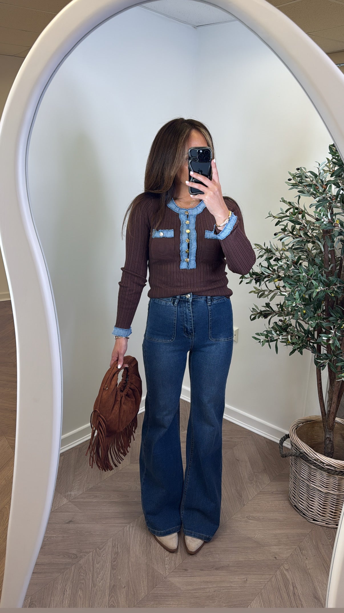 SONIA brown ribbed top with denim contrast detail