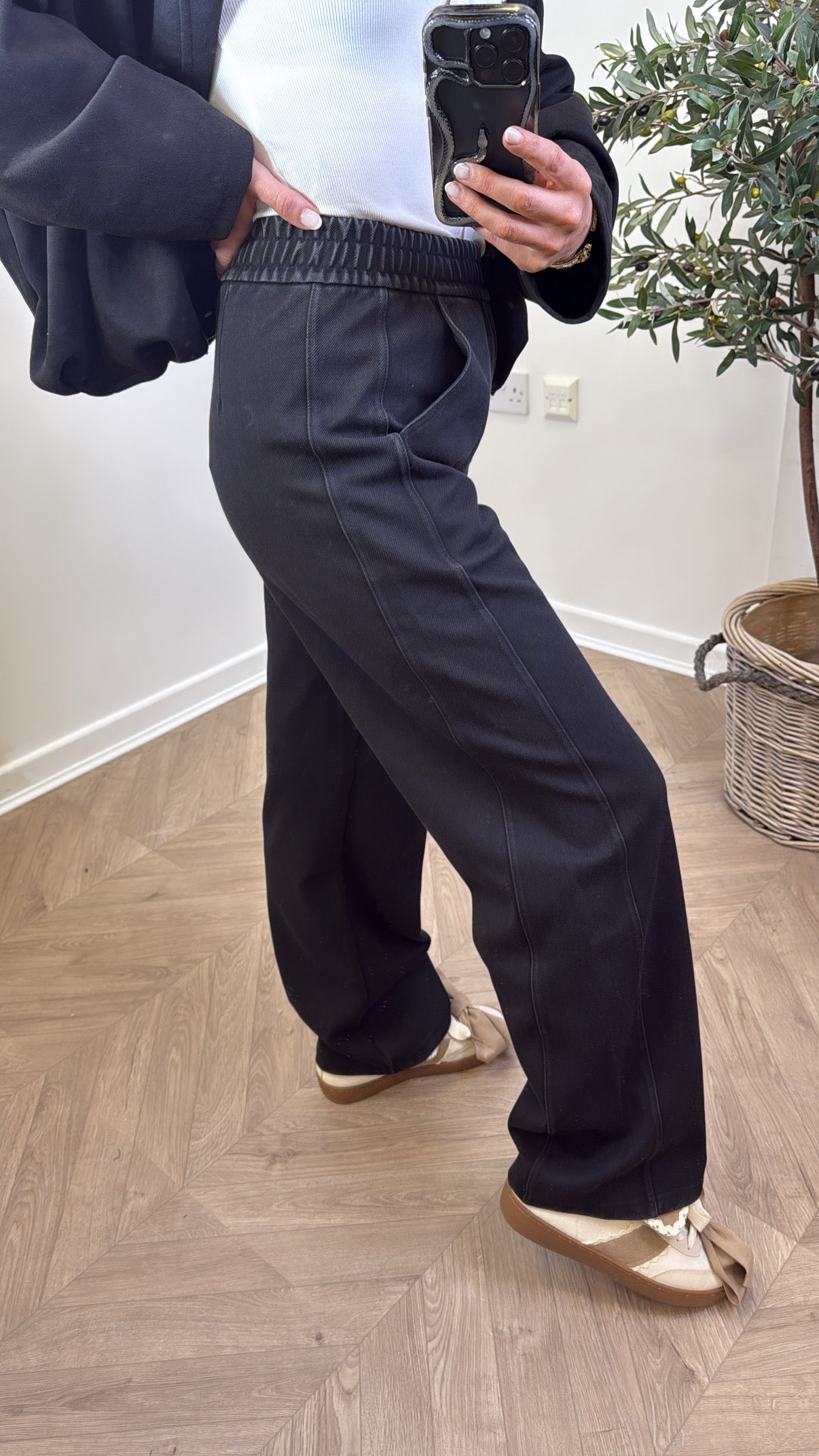 KELSY black wide leg denim look joggers