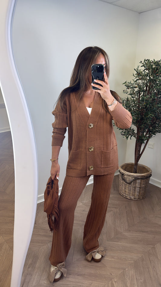 SABRINA camel knitted cardigan and trousers co-ord