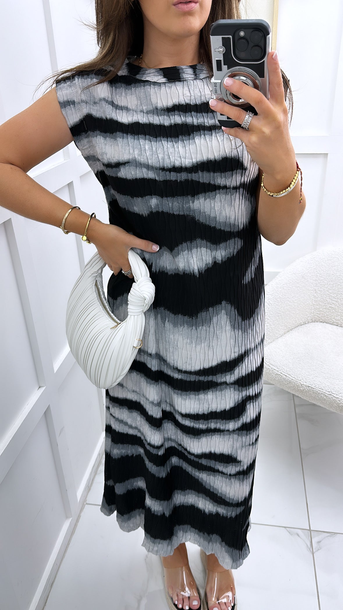 STEPHANIE grey and black stripe high neck midi dress