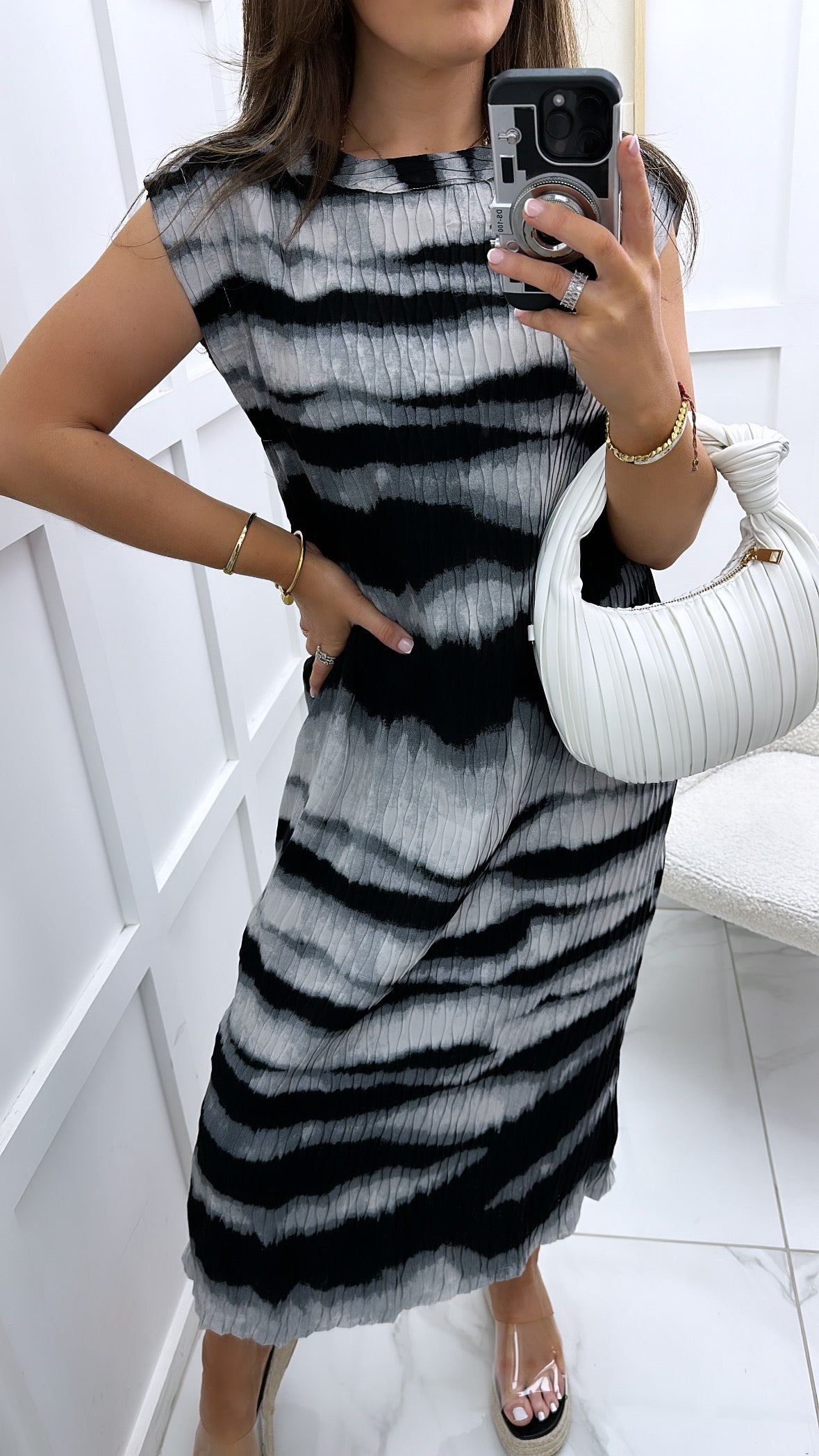 STEPHANIE grey and black stripe high neck midi dress