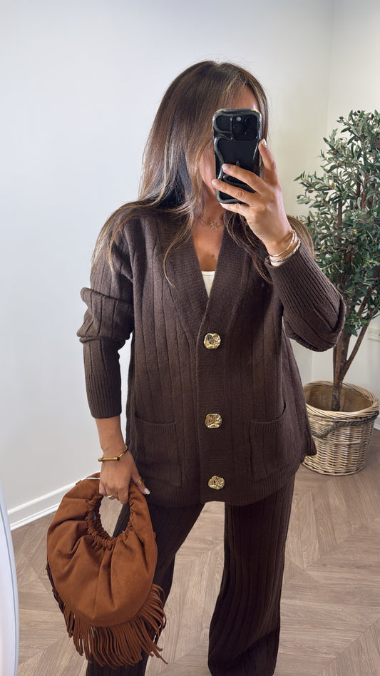SABRINA brown knitted cardigan and trousers co-ord