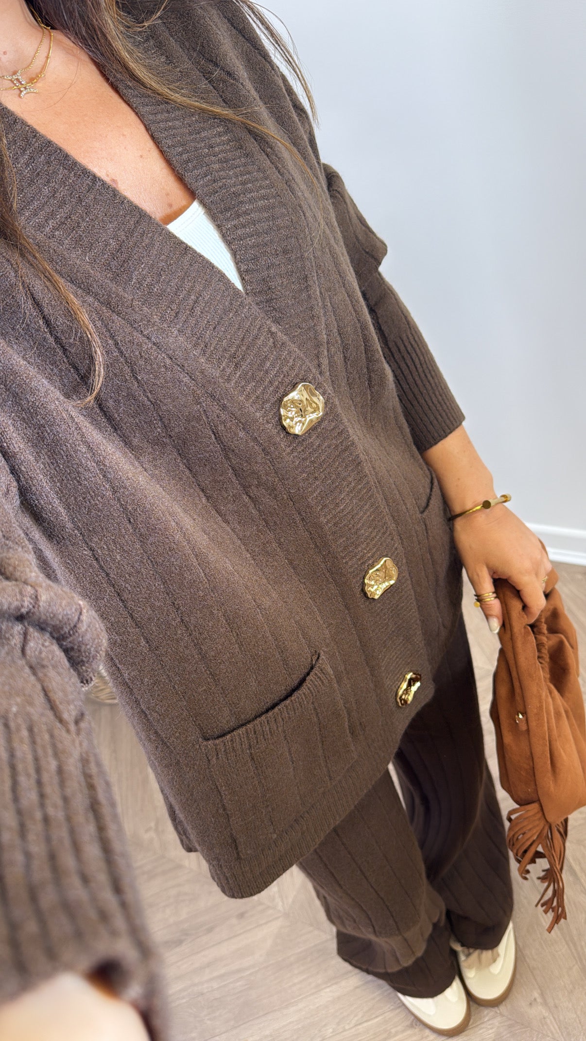SABRINA brown knitted cardigan and trousers co-ord