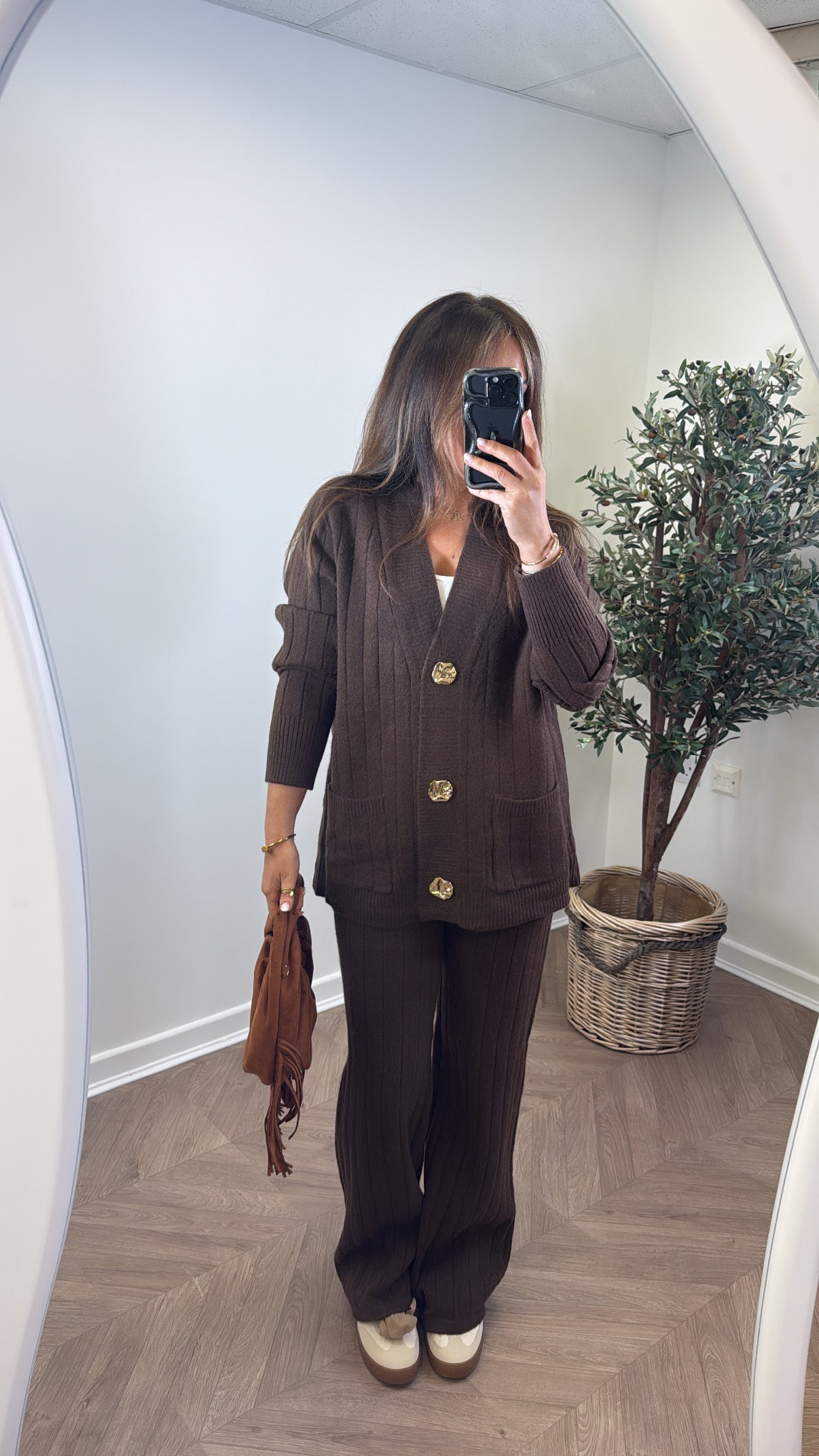 SABRINA brown knitted cardigan and trousers co-ord